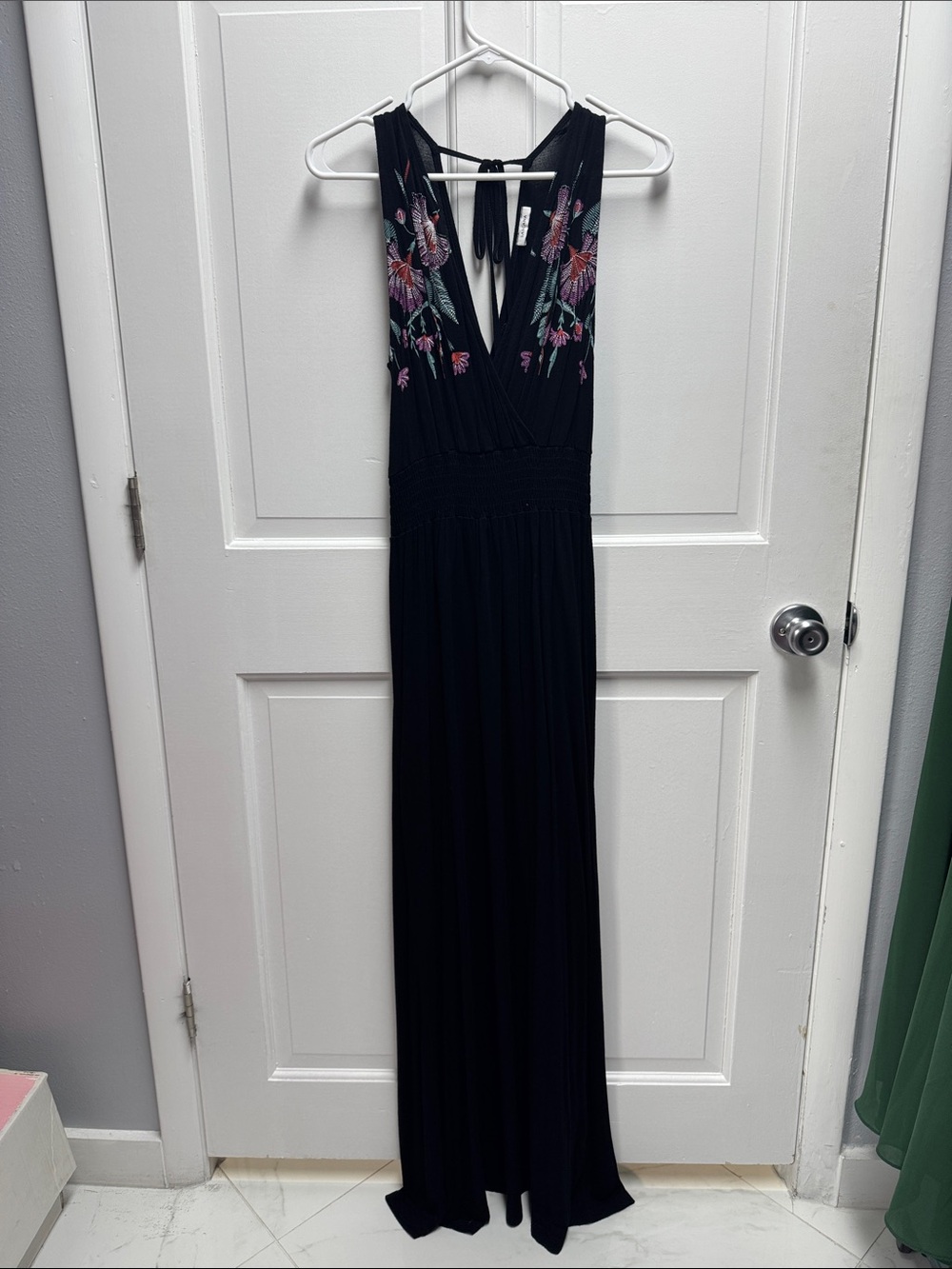Black Sleeveless Maxi Dress with Pink & Green Floral Embroidery